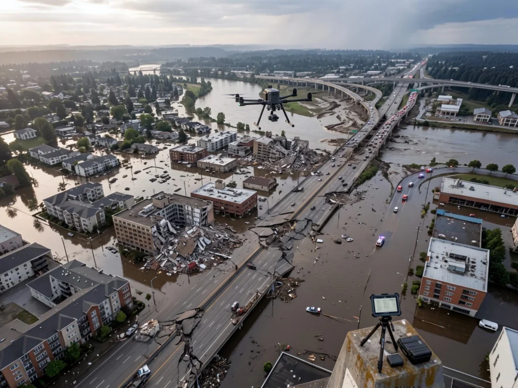 drone damage assessment after natural disaster flood aerial view