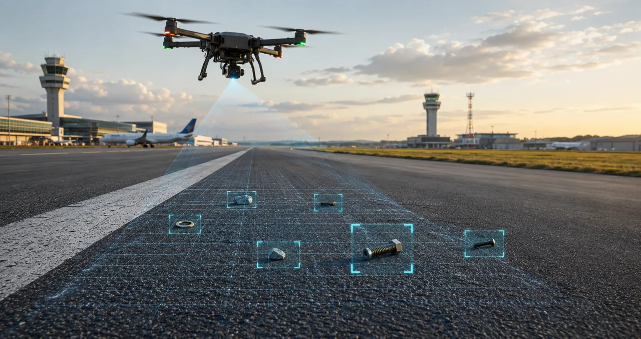 Survey drone hovering over a runway at dusk with detection boxes drawn around debris on the surface
