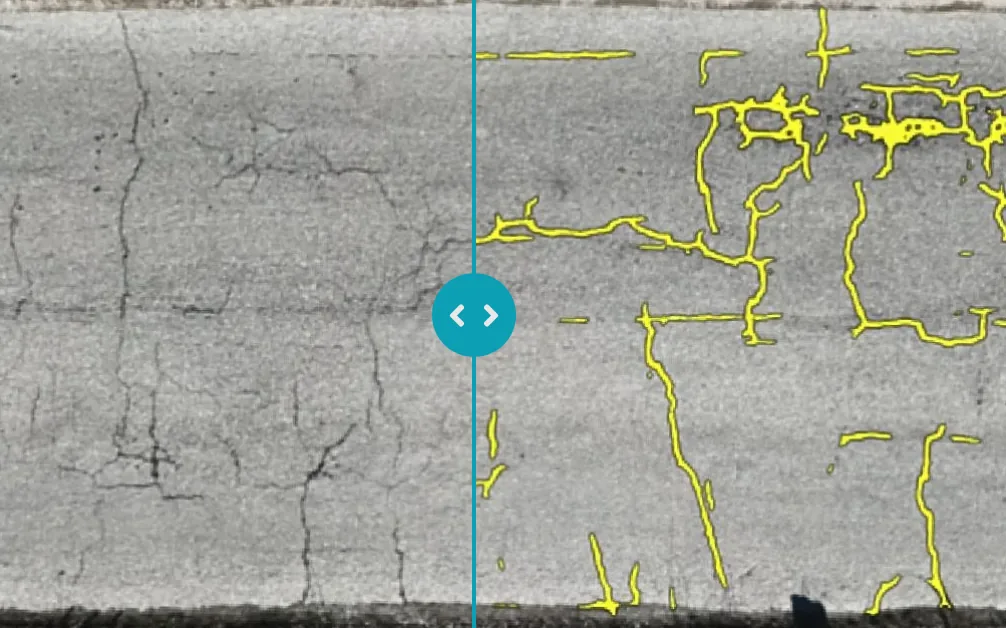Concrete surface shown as a before and after pair: bare concrete on the left, yellow HALO AI crack tracings on the right