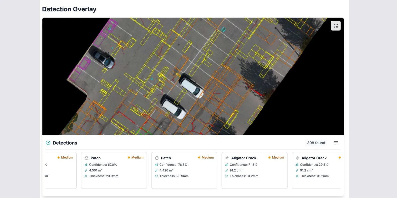 HALO AI detection overlay: annotated pavement orthomosaic with a per-defect table listing confidence, area, and thickness