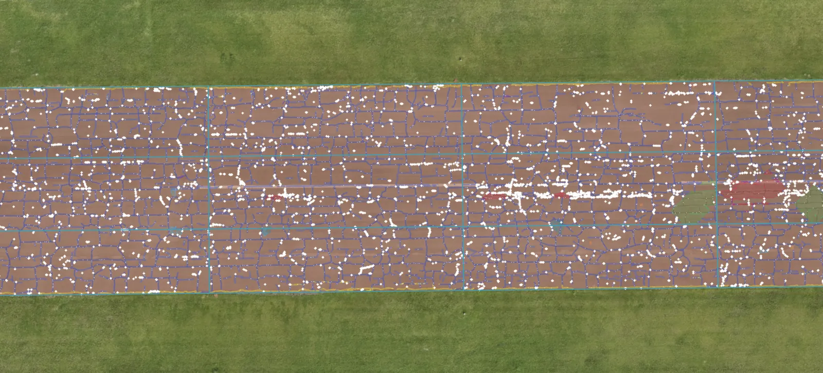 The same runway with every crack traced and each sample unit scored by HALO AI