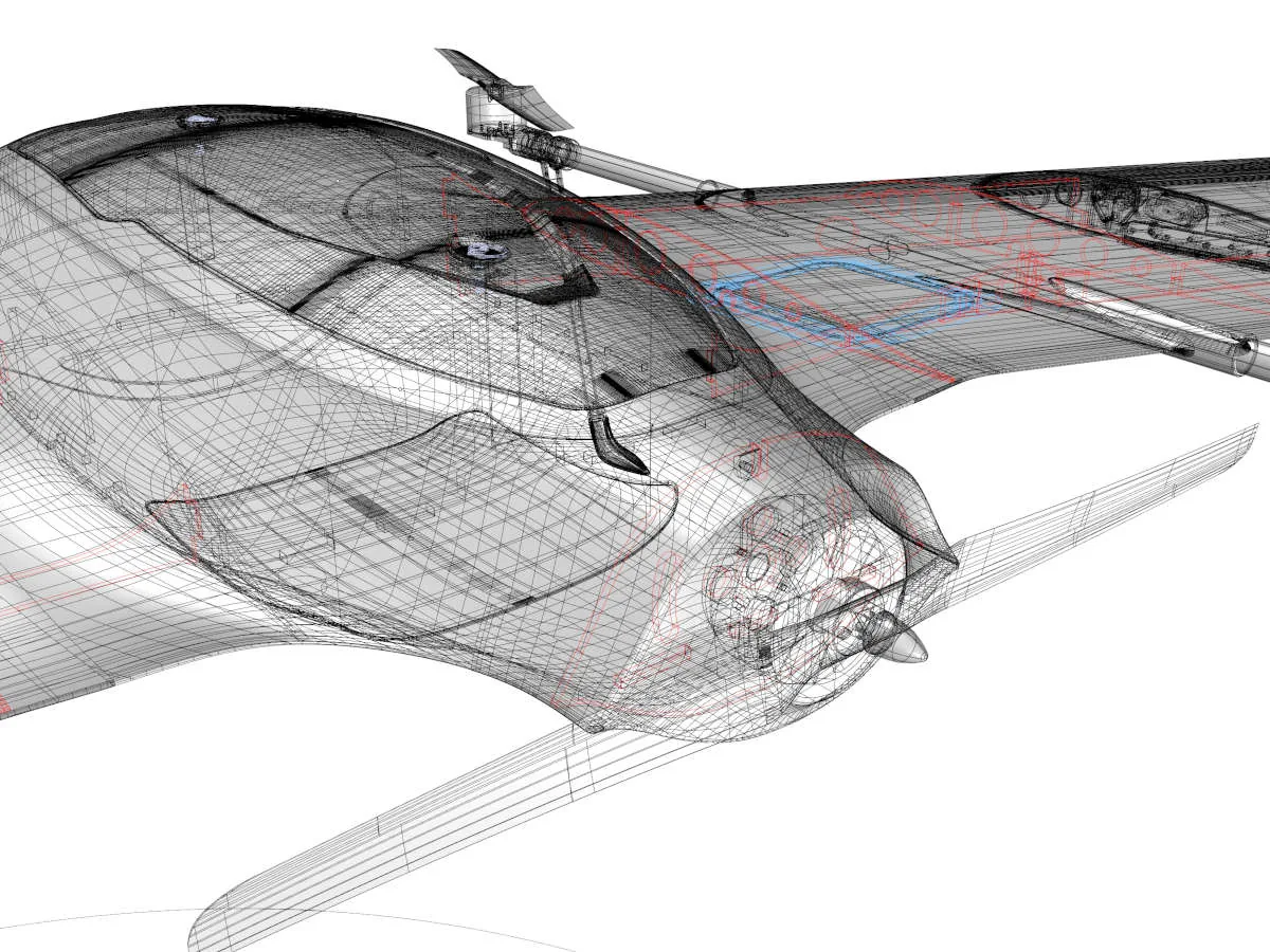 CAD x-ray view of the Nimbus airframe showing internal structure and control linkages