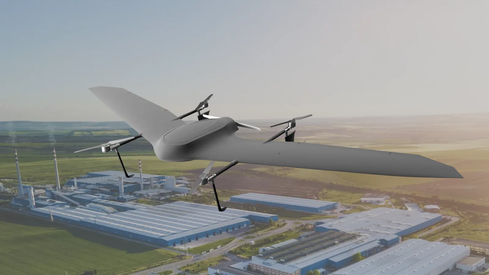 Nimbus in flight over an industrial site