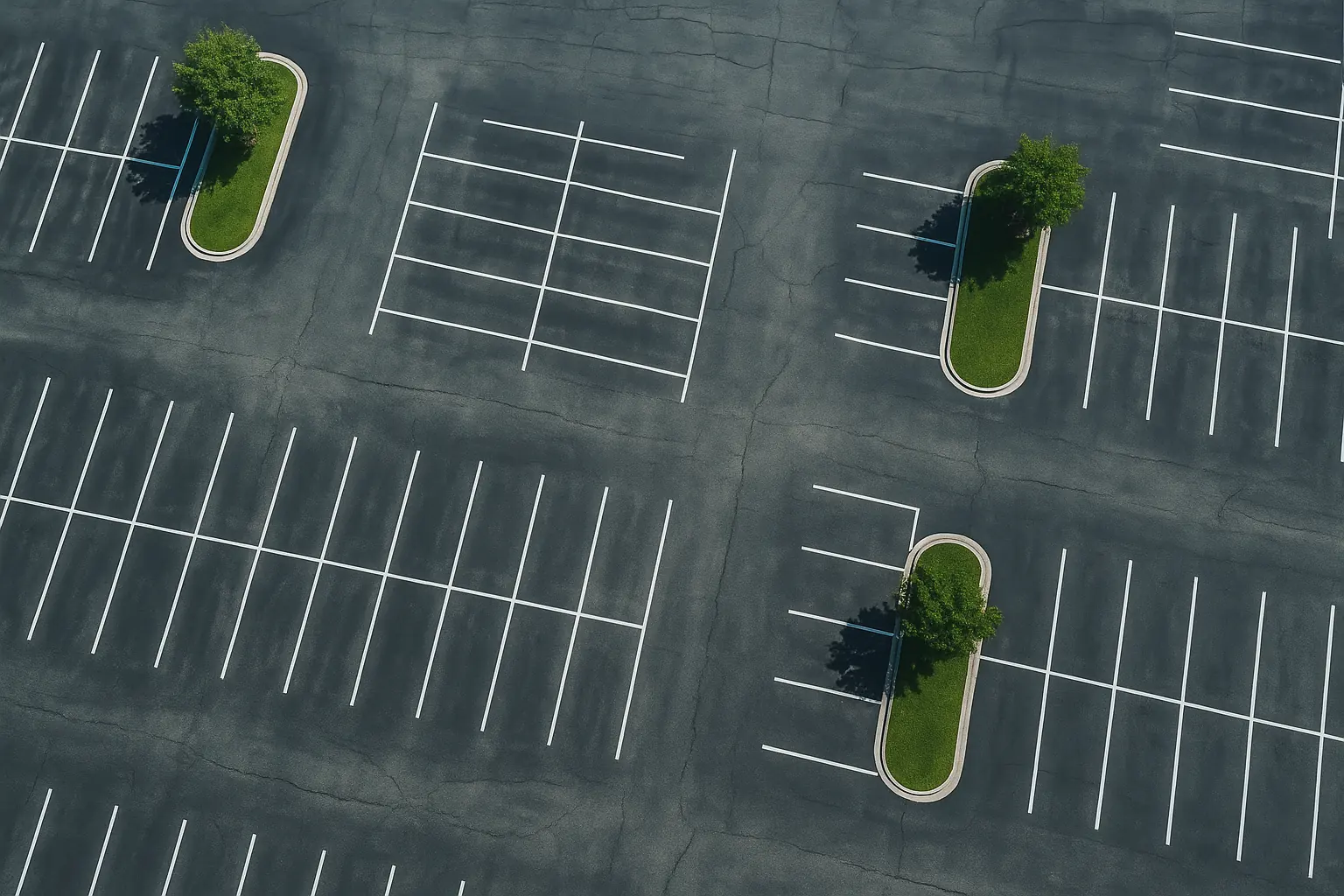 Aerial view of a parking lot with landscaped tree islands and crisp stall lines