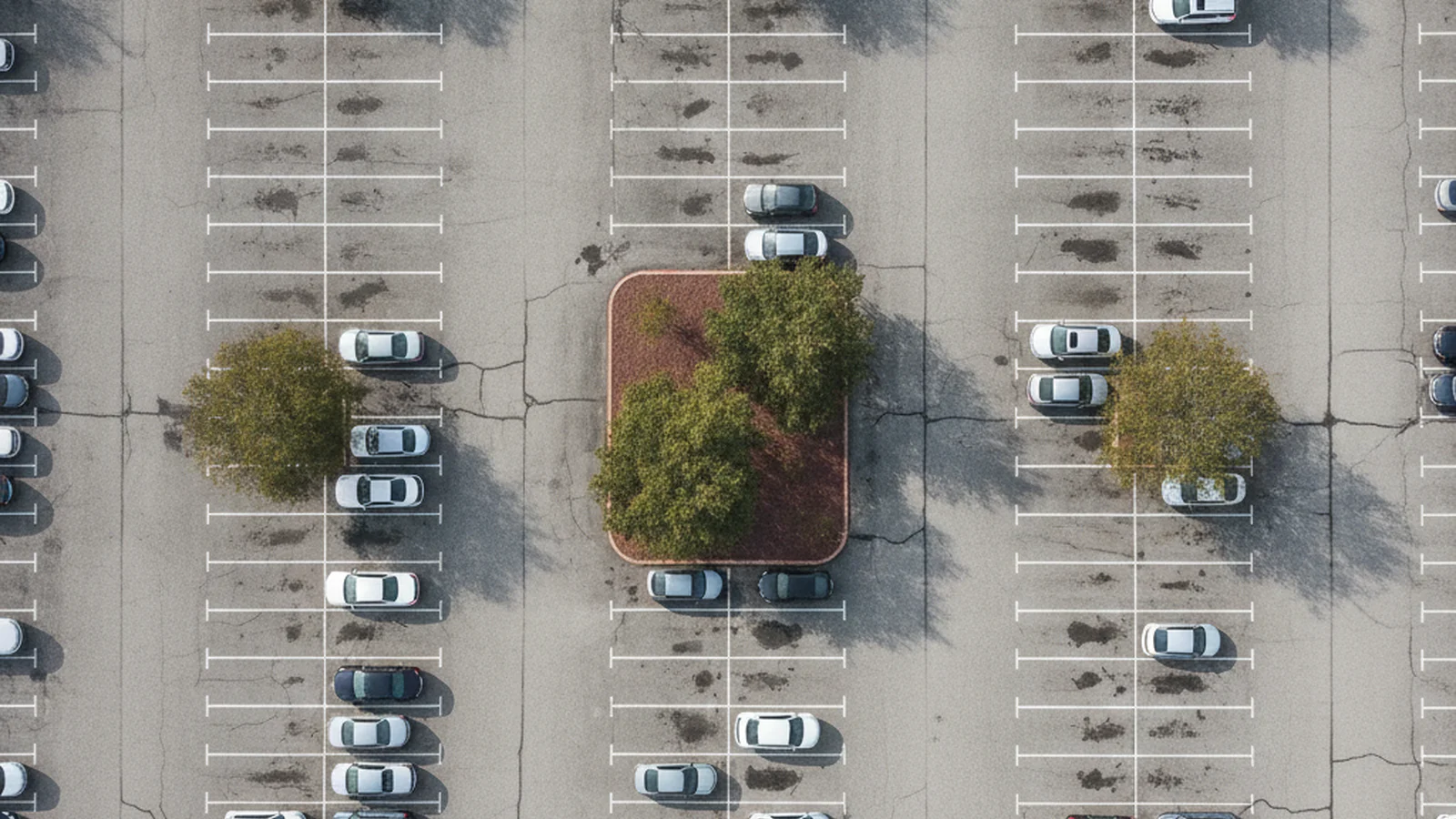 Retail parking lot from directly overhead, faded bay markings and patched asphalt