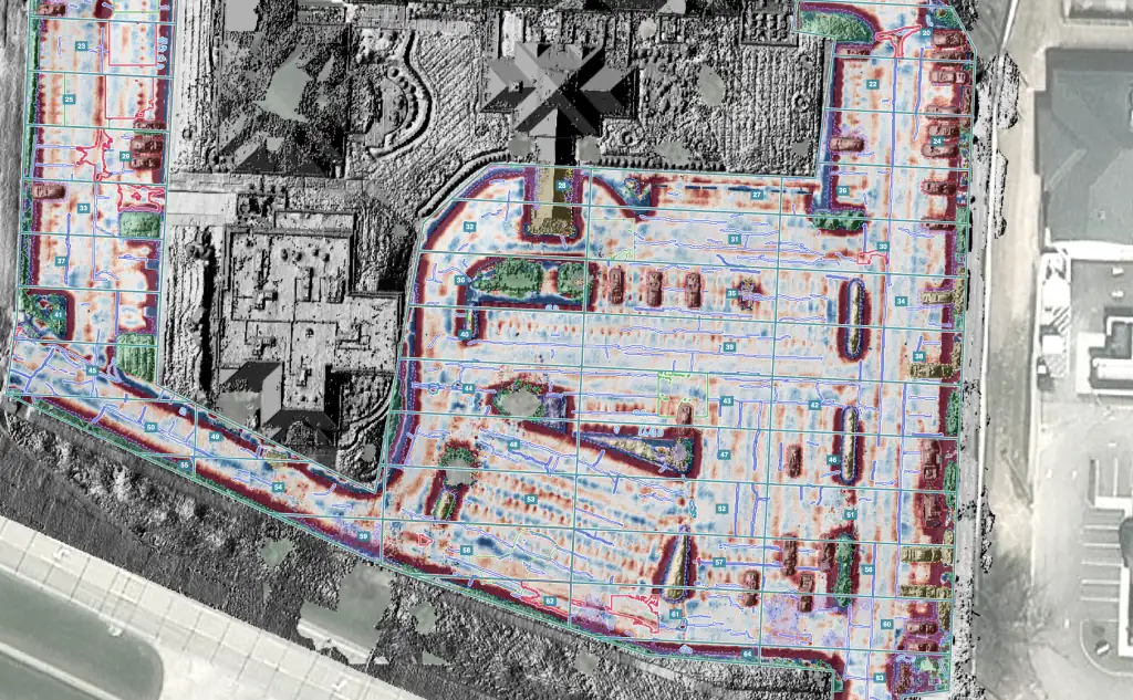 A whole parking lot in HALO AI's relief view, with depressions, curbs and islands in red, cracks traced in blue, and numbered sample units on top